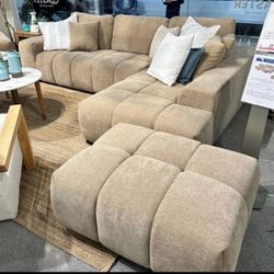 Beige Linen Sofa Sectional With Ottoman 