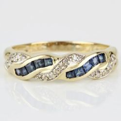 Vintage 14k Yellow Gold Sapphire & Diamond Anniversary Band Bridal Wedding Ring 