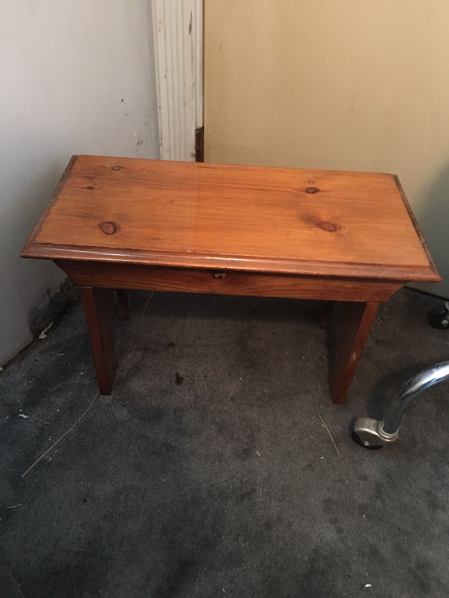 A HAND MADE WOODEN FOOT STOOL 22” INCH LONG BY 11” INCH WIDE BY 13” INCH TALL $30.00