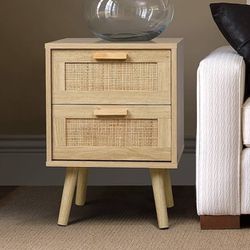 Nightstand, End Table, Side Table with 2 Hand Made Rattan Decorated Drawers, Nightstands Set of 2