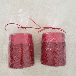 Pair Of 3x4 Red Beaded Christmas Pillar Candles