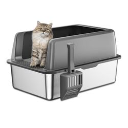 Stainless Steel Litter Box with Lid, Extra Large Cat Litter Boxes, XL Large Metal Litter Box for Big Cats with High Sided, Grey (Non-Sticky, Easy to C