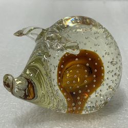 Controlled Bubble Clear & Amber Orange Art Glass Pig Figurine / Paperweight