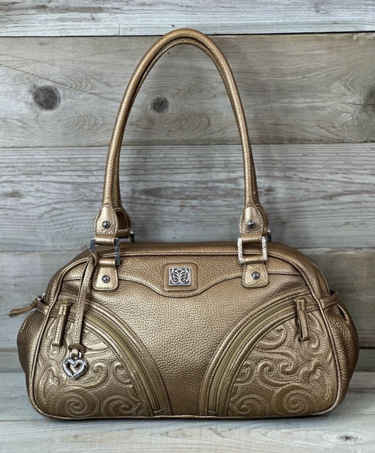 BRIGHTON Audra Vintage Metallic Gold Leather Handbag Large