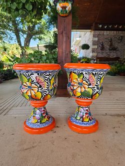 Talavera Orange Rim Large Urns. Clay Pots, Planters,Plants, Pottery $80