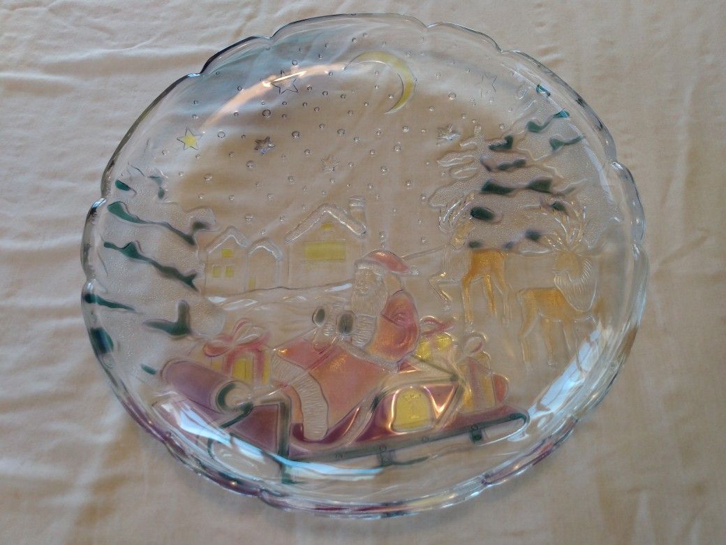 Christmas dishes- sparkly glass Santa Claus platter