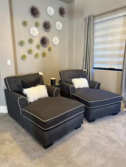 2 Indoor Chaise Loungers & Mirrored accent Table, Charcoal Grey/Gray with piping NEW