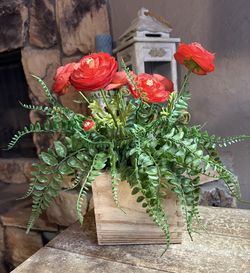 Ht-11.5in Width-16in HANDMADE artificial Red Floral In A Wood Box