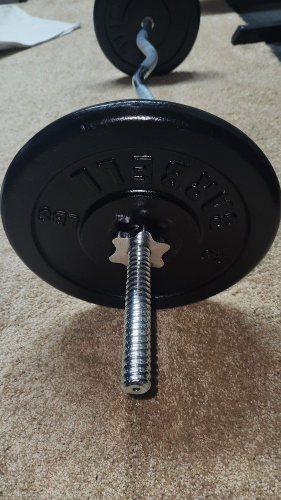 Curl Bar With 50lbs Iron Plates.