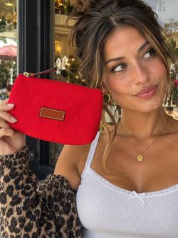 Dooney & Bourke Red DB Monogram Jacquard Zip Cosmetic Makeup Pouch Wristlet NWT