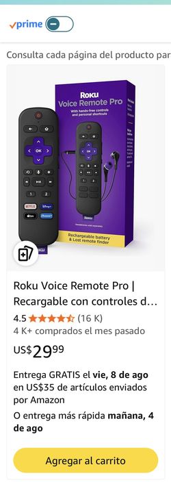 Remote Pro | Recargable con controles de voz manos libres, modo de auriculares y localizador de dispositivos perdidos, compatible con RokuT