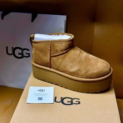 UGG CLASSIC ULTRA MINI PLATFORM CHESTNUT FUR SUEDE WOMEN'S BOOTS ON HAND -