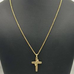 14k Yellow Gold Diamond Religious Cross w/ Rope chain 9.2 grams 21"
