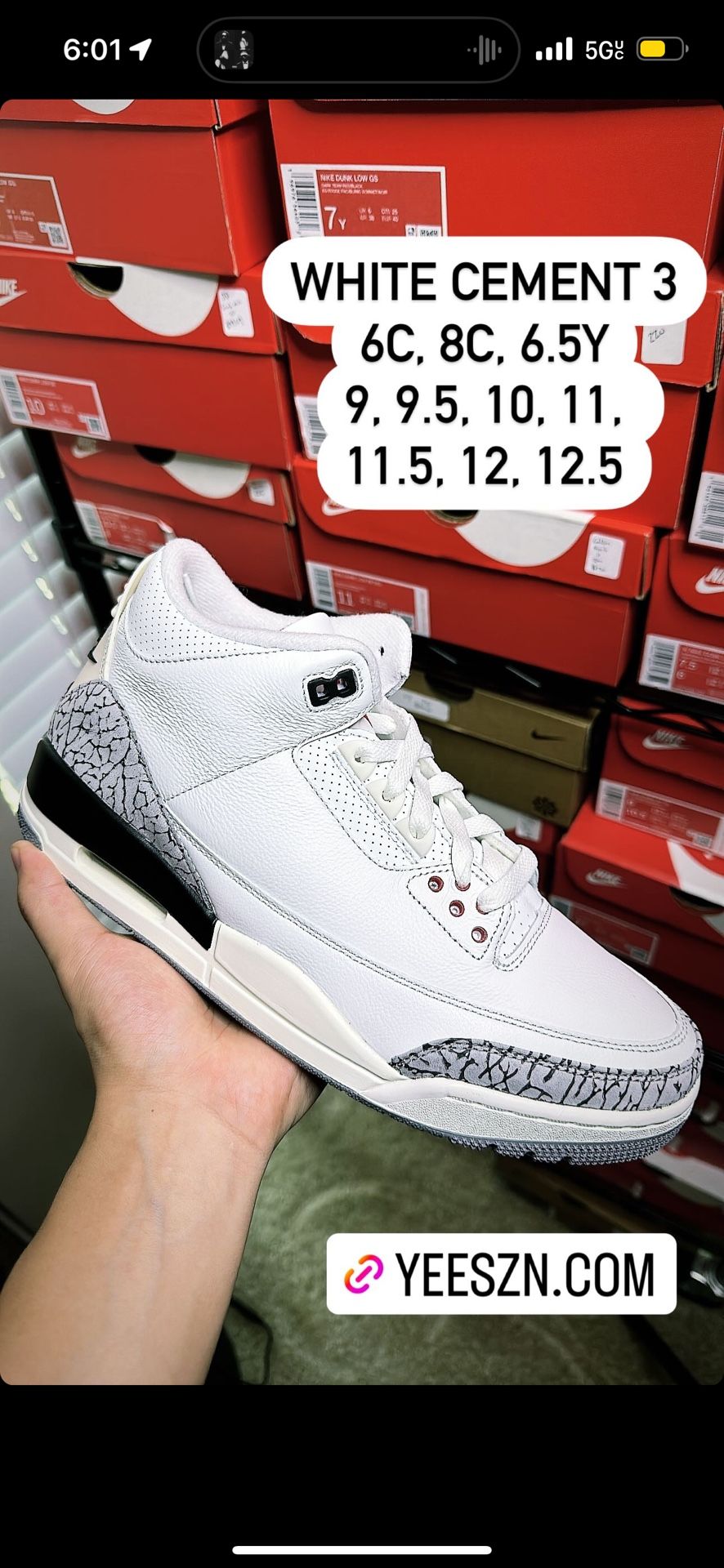 Nike Air Jordan 3 White Cement 6c 8c 6.5y 9 9.5 10 11 11.5 12 12.5 13