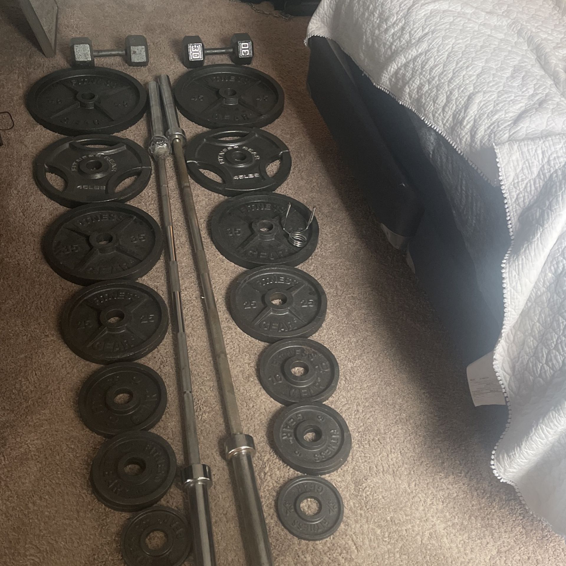 Full Olympic Weight Set 450 Total LBs With Two Olympic Bars And Two 30lb Dumbbells