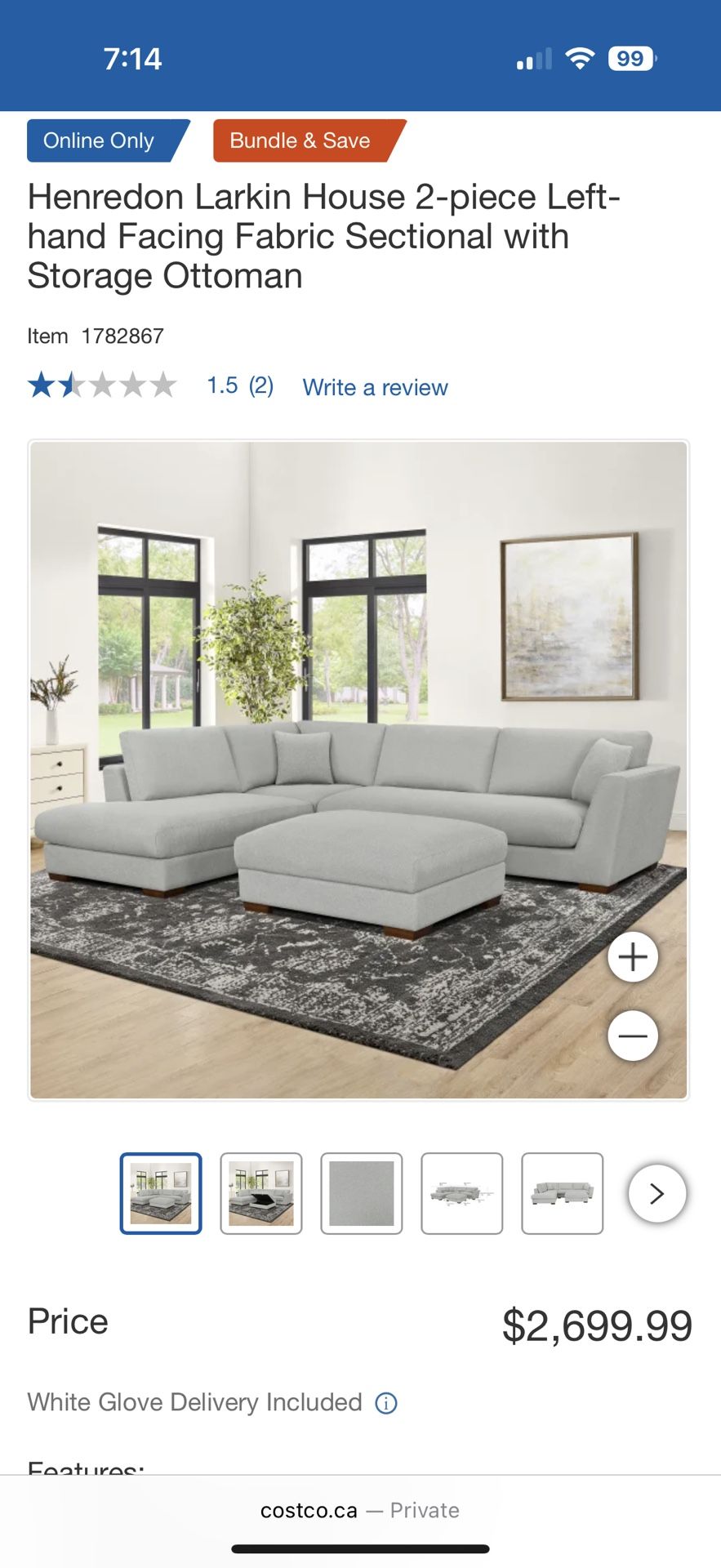 2 Piece Left Handed Fabric Sectional W/ Storage Ottoman