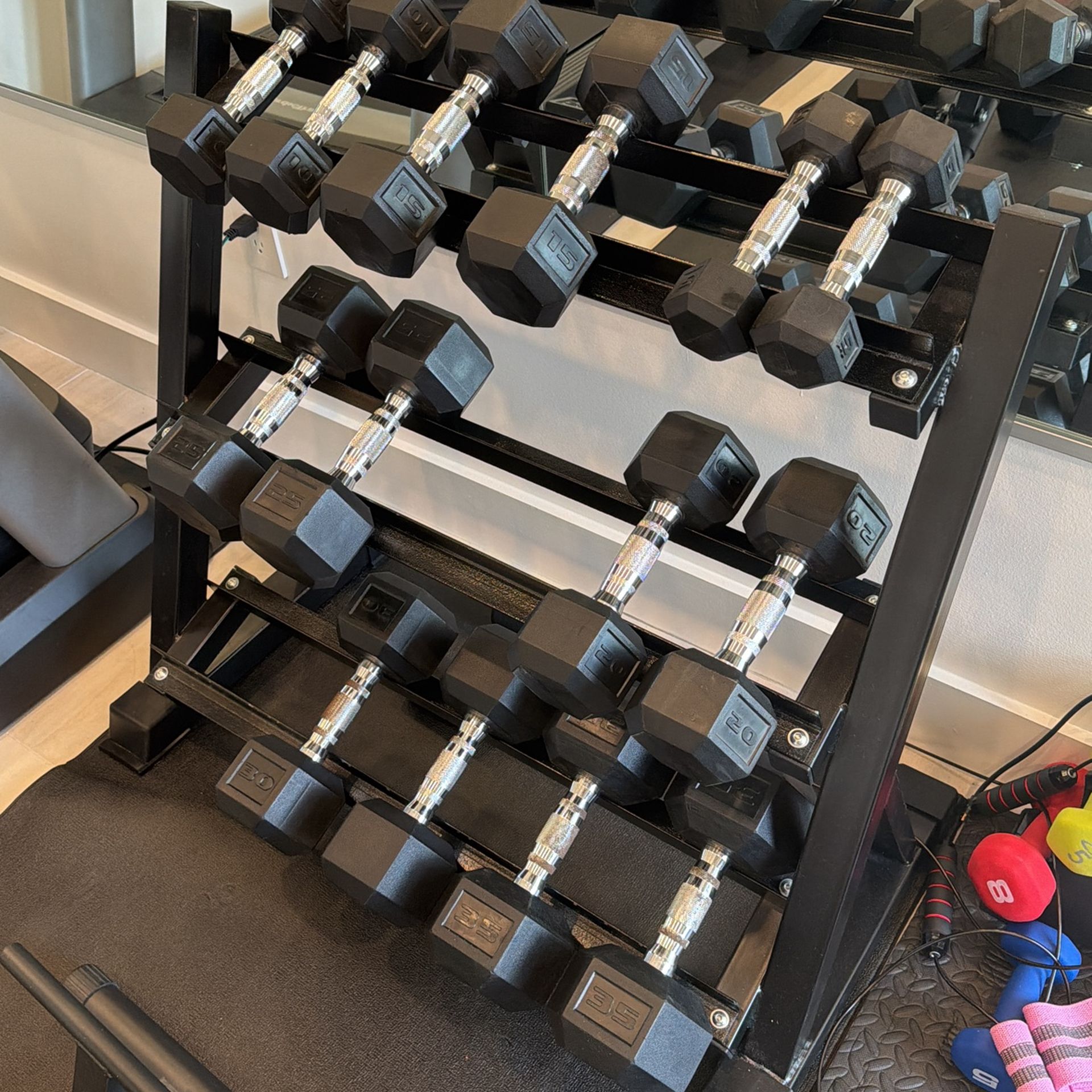 Dumbbell Weights 5-45 with Rack. Practically New (Kept Indoor)