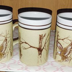 Vintage Speckle Mid-century OTAGIRI Bald Eagle Stoneware Coffee Mugs