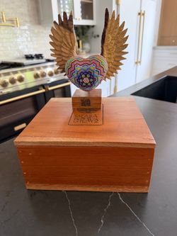 Handcrafted Mexican Huichol Beaded Heart & Carved Wooden Wings Art Piece