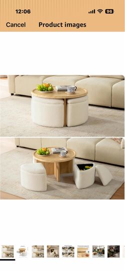 Round Coffee Table with Stools Underneath, Wood Ottoman Coffee Tables with 4 Boucle Storage Ottomans & Seats