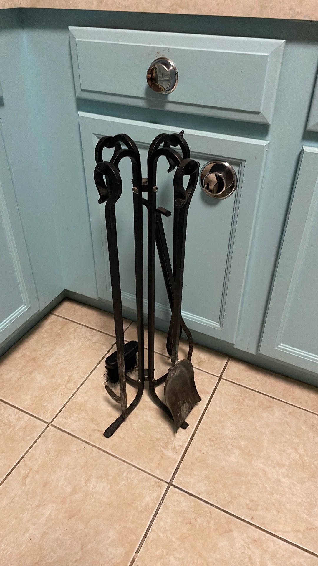 Heavy iron fireplace tool set and stand