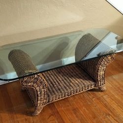 Wicker Weave Scroll Coffee Table With An Ogee Edge Glass Top.See Full Description 