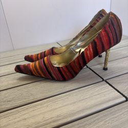 Wild Rose Multicolor Velvet Pointed Toe Heels with Gold Heel - Size 9 | Unique