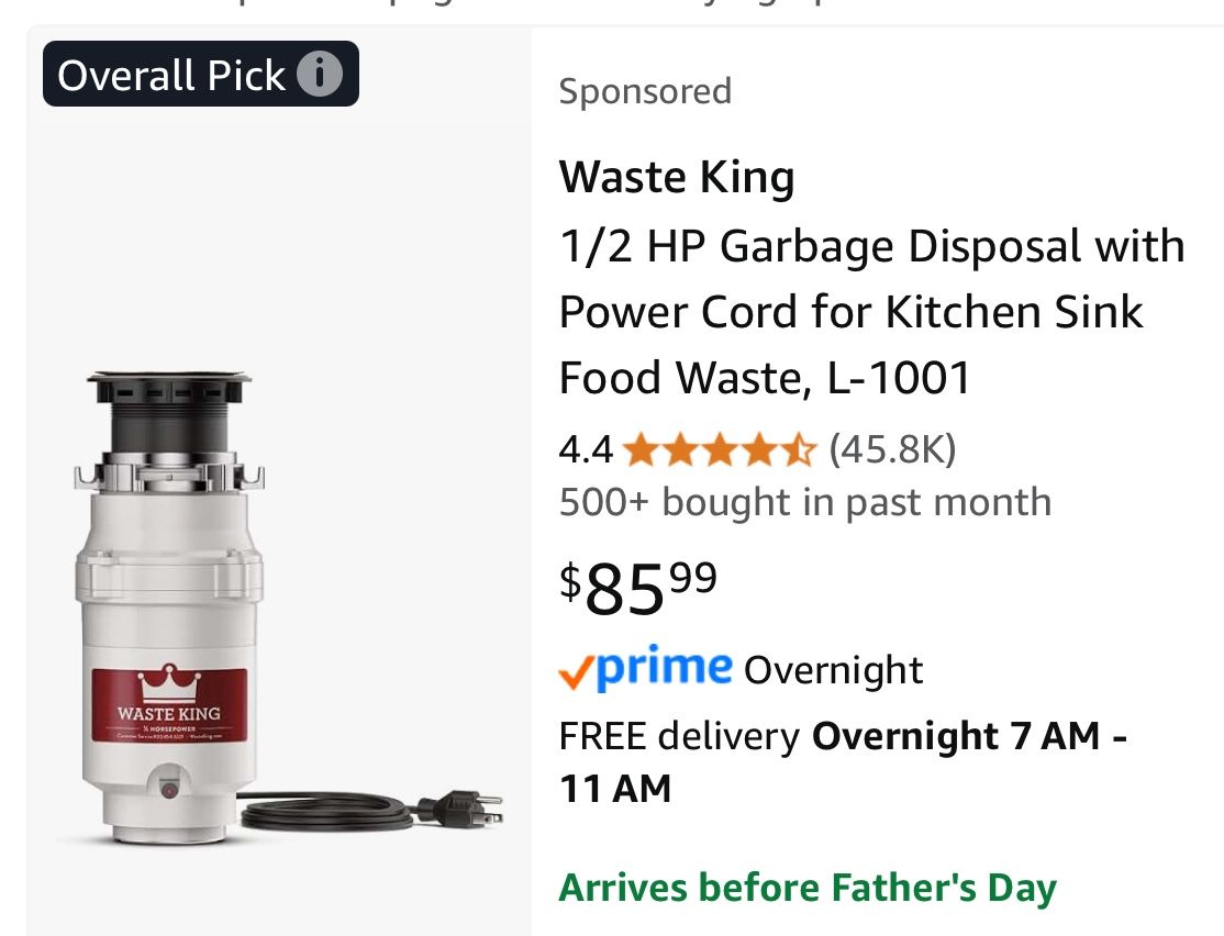 BRAND NEW Garbage Disposal 1/2 HP