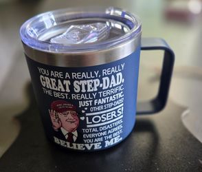 Funny Trump Step-Dad Coffee Mug Tumbler – Blue Insulated Travel Mug with Lid