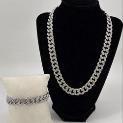 Men's Rhinestone Chain Link Necklace With Bracelet 