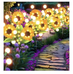 Brandnew 4pk Garpar Garden Lights Solar Powered, Upgraded 4 Pack Bigger Solar Sunflowers with Swaying Firefly Lights, Brighter Waterproof Solar Yard L