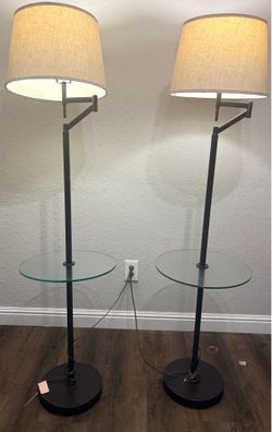 Pair of Modern Industrial Swing-Arm Floor Lamps with Built-in Glass End Tables