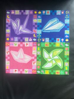 Set of 4- Origami Time Machine hand painted acrylic painting on 6”x6” canvas panel