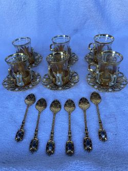 Demmex (set of 6) Turkish Tea and coffee glasses w/saucers gold colored w/crystals & Pearls