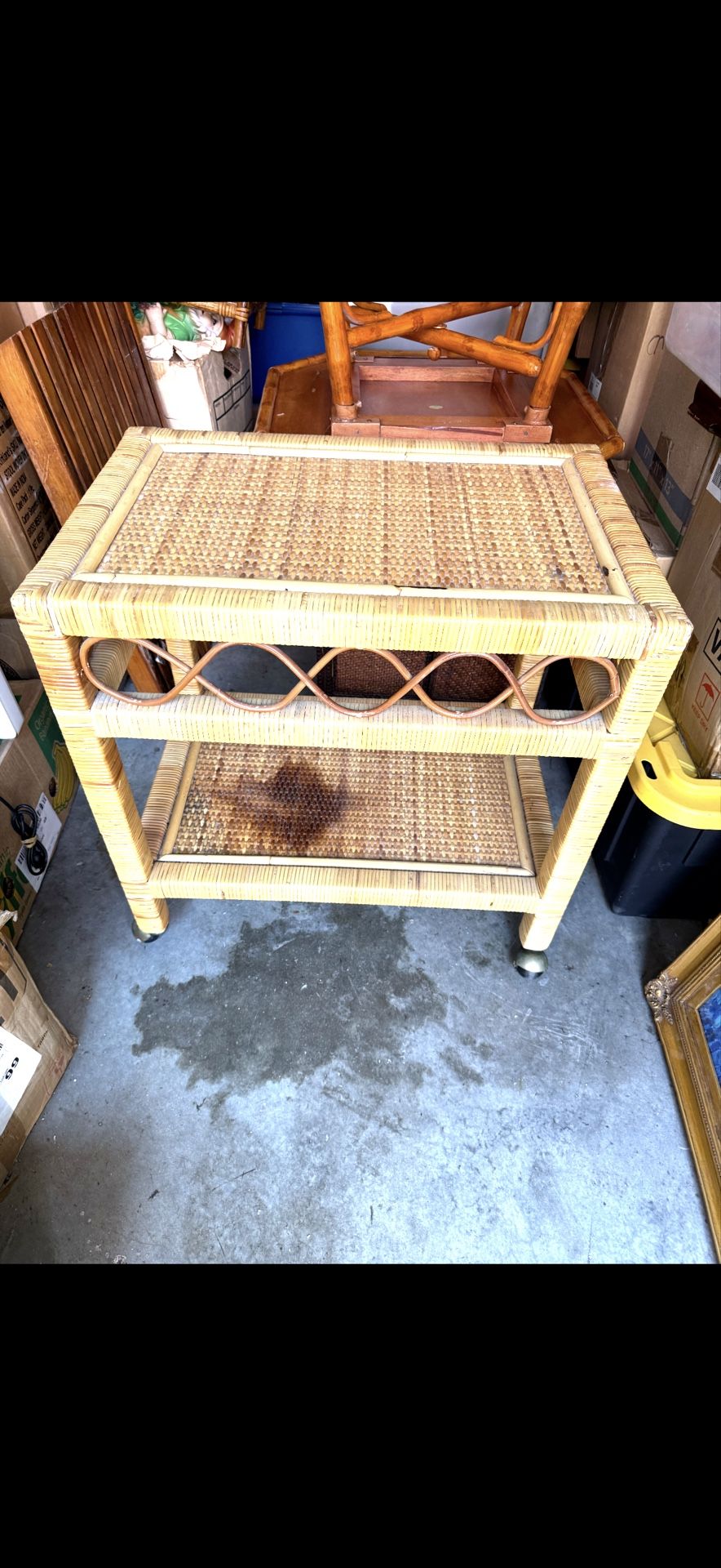 Vintage Woven Rattan Table/Tv Stand On Wheels