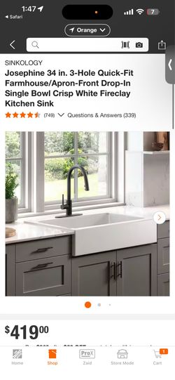 SINKOLOGY Josephine 34 in. 3-Hole Quick-Fit Farmhouse/Apron-Front Drop-In Single Bowl Crisp White Fireclay Kitchen Sink