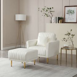 Velvet Fabric Accent Chair with ottoman, Tufted Upholstered Reading Armchair.Cream