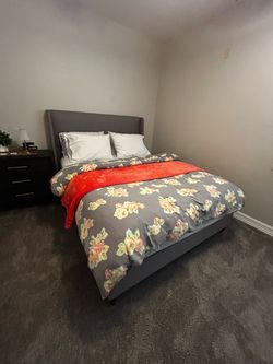 Gray Upholstered Queen Bed Frame