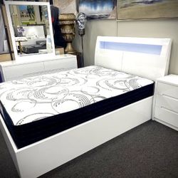4PC White Bedroom Set with LED Strip Light and Bluetooth Speaker (Mattress No Included)