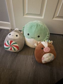 3 Squishmallows Axolotl Abe, Brown Cow Griella and Yeti Nissa