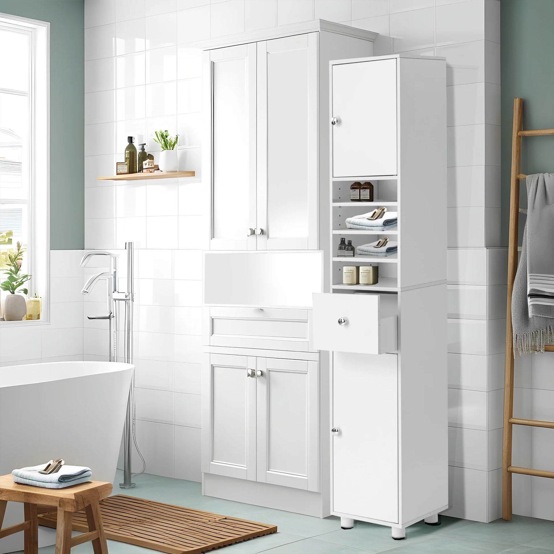 Homy Casa Jericho 63” Free Stand Bathroom Cabinet White Storage Tower 