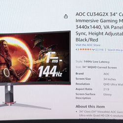 AOC 34" Curved Gaming Monitor 144hz 1440p