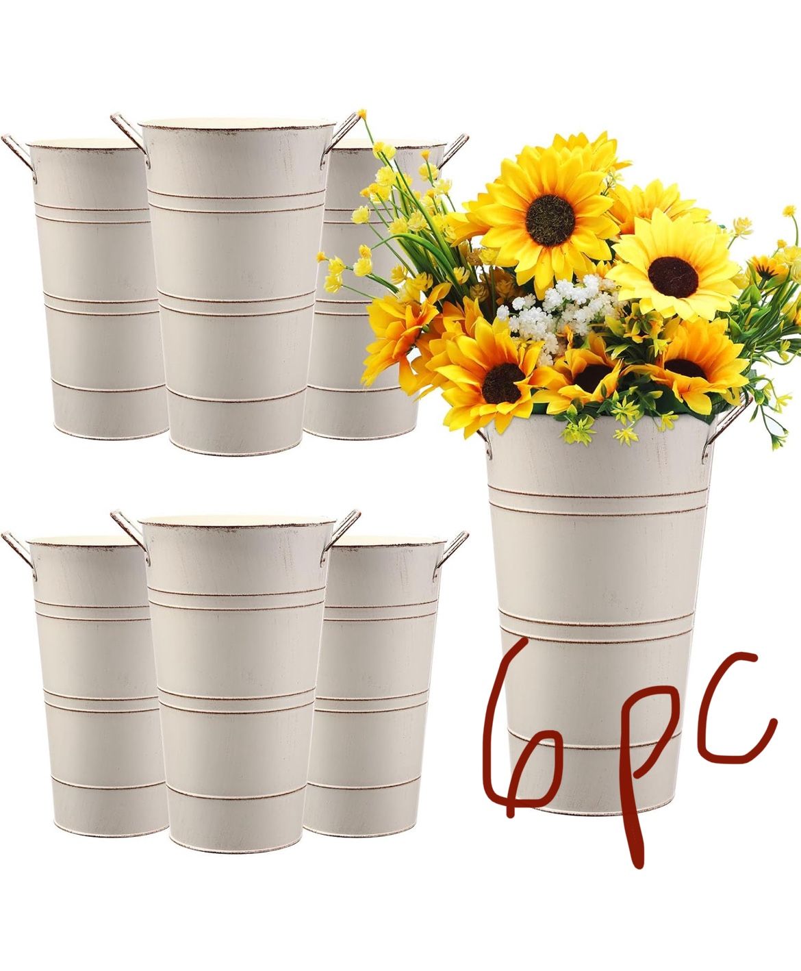 6 pc Metal Flower Vase Farmhouse French Bucket with Handles Metal Galvanized Vase Decorative Flower Pitcher Shabby Chic Jug Planter for Home Wedding B