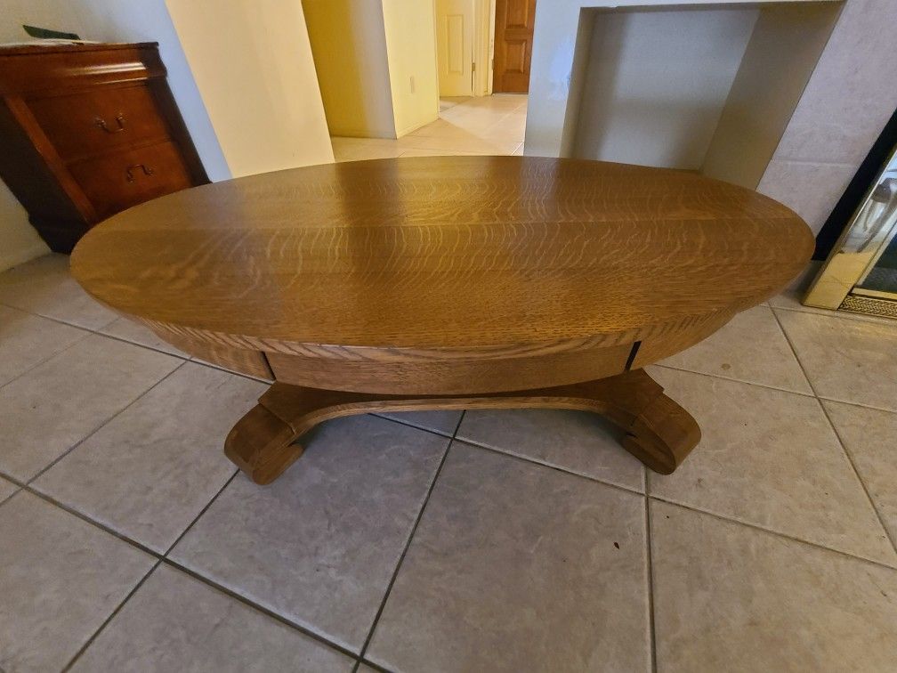 Antique Oval Coffee Table- Solid Tiger Oak -Center
Drawer-American Empire