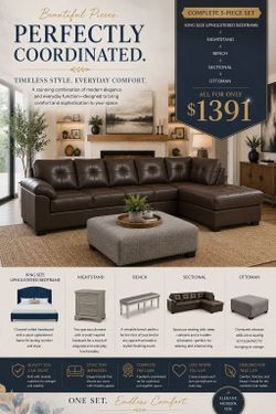 BIG SALE! BRAND NEW SECTIONAL, OTTOMAN, KING SIZE BEDFRAME, NIGHTSTAND AND BENCH
