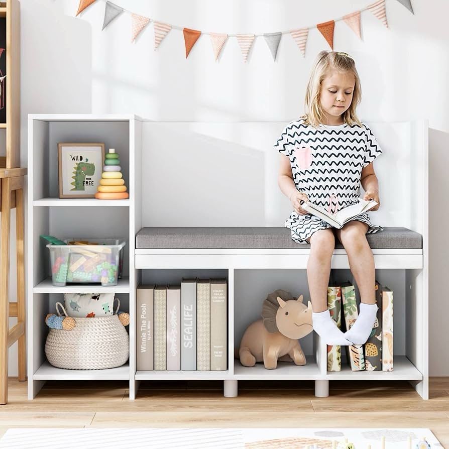 O936 $100 Kids Reading Nook Bench, Nursery Bookshelf and