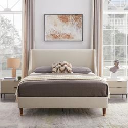 queen-size upholstered platform bed frame, wingback headboard with gold lines, wooden slat supports, easy to install, noiseless and without box spring