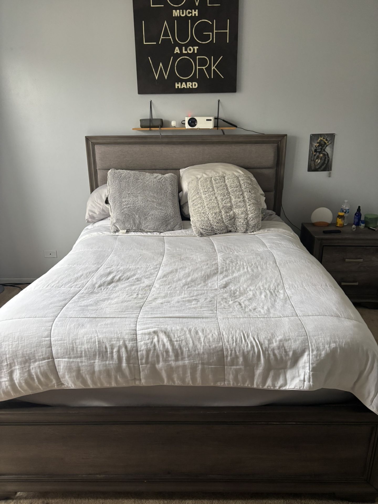 Queen Bed Frame + Mattress + Box Spring + Matching Nightstand (Full Set) (Sturdy Wood, Upholstered Headboard, Great Condition)