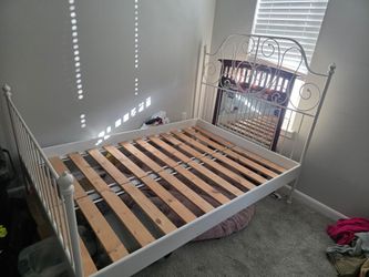 Full XL White Metal Bed Frame with Wood Slats