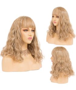 14 Inch Wavy Style Fashion Synthetic Bob Wigs with Bangs for Women, Breathable Skin-Harmless Wig Cap